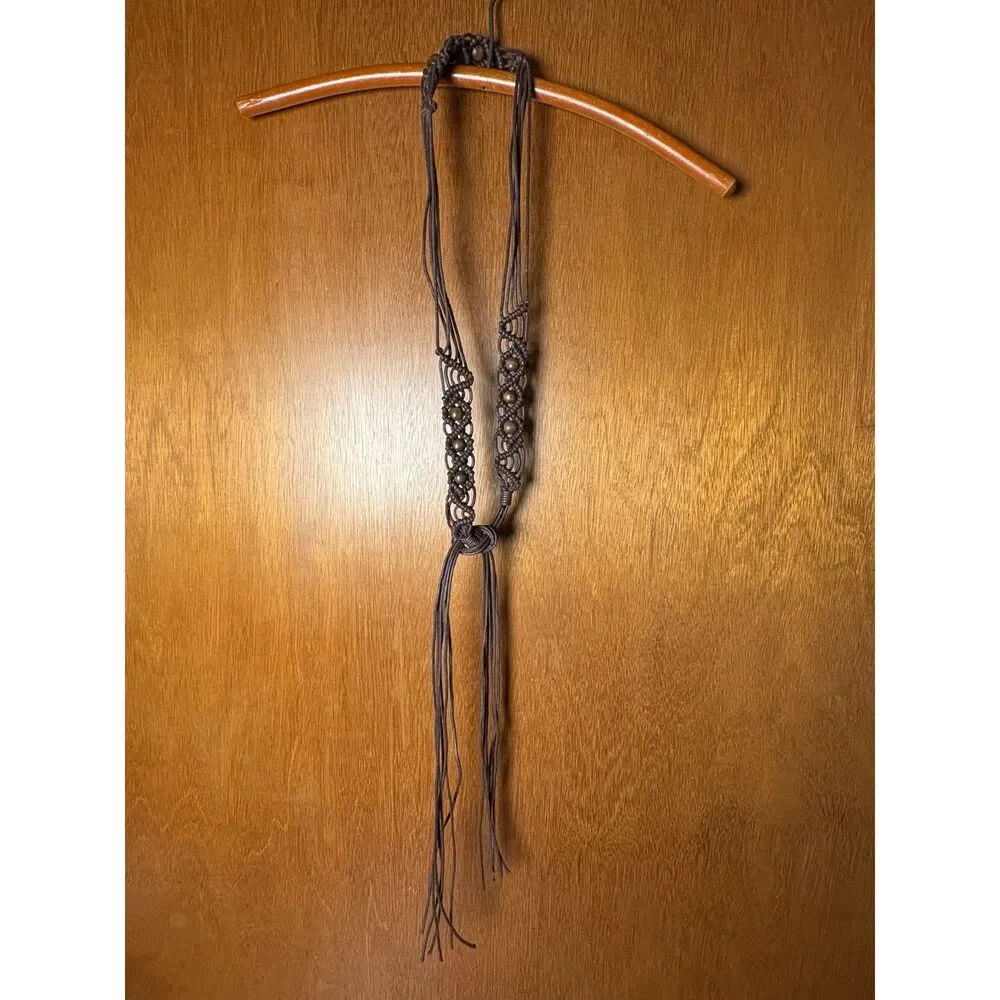 70s Vintage Handmade Macrame Fringe Belt with Wood Beads sz M / L
